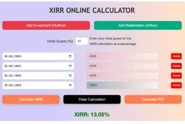 Online XIRR Calculator with unlimited cash flow entries